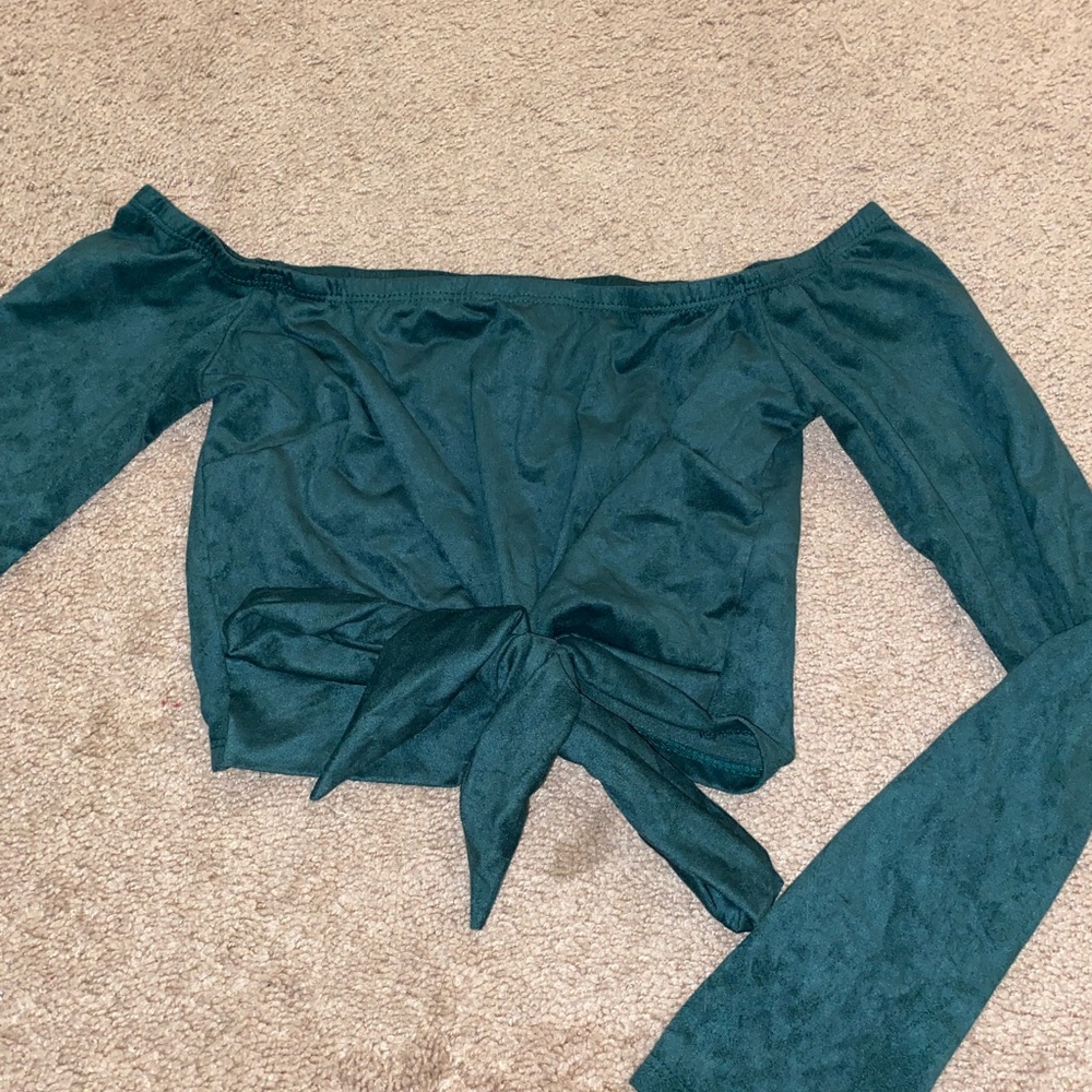 Cropped suede green off the shoulder tie front shirt size S
